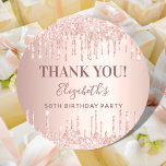 Birthday rose gold pink glitter name Thank You Classic Round Sticker<br><div class="desc">A sticker for a girly and glamourous 50th (or any age) birthday party.  A rose gold gradient background with faux glitter drips,  paint dripping look. The text: Thank You. Personalize and add name and age 50. The name is written with a modern hand lettered style script.</div>