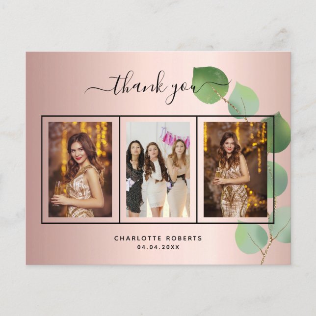 Birthday rose gold pink photo thank you card (Front)