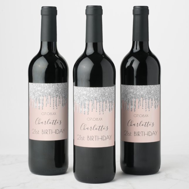 Birthday rose gold pink silver drips wine label (Bottles)