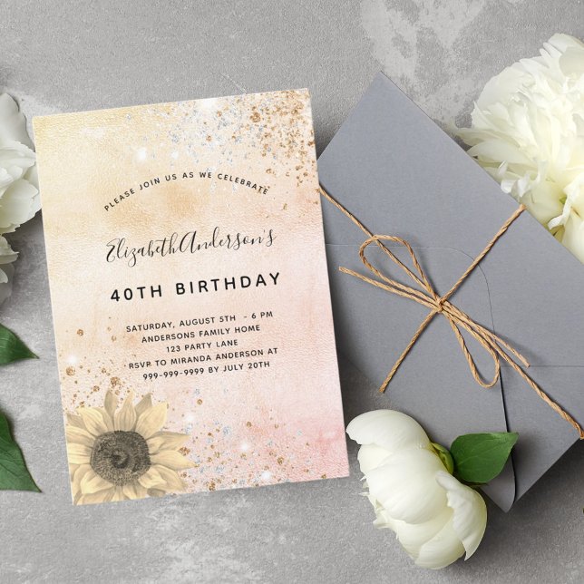 Birthday rose gold rustic sunflower glitter dust invitation (Creator Uploaded)