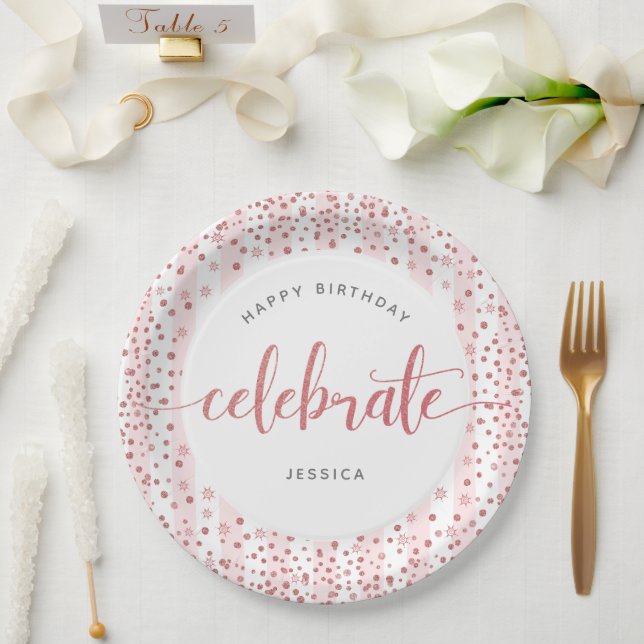 Birthday rose gold script glitter dots modern chic paper plate (Wedding)