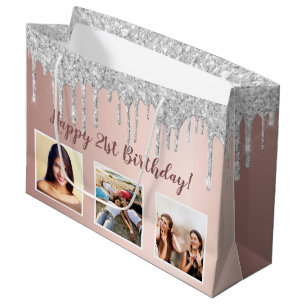 Birthday rose gold Silver drips photo Large Gift Bag