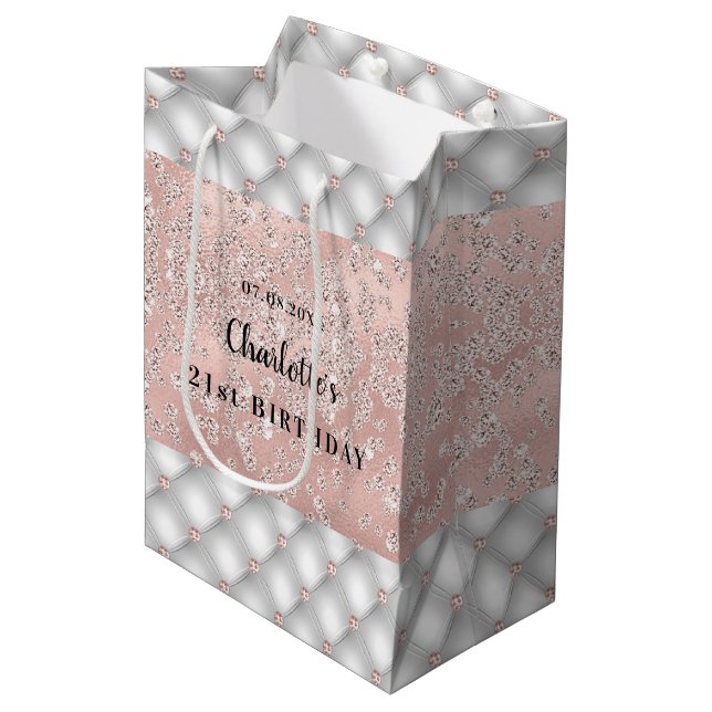 Birthday rose gold silver glitter custom luxury medium gift bag (Front Angled)