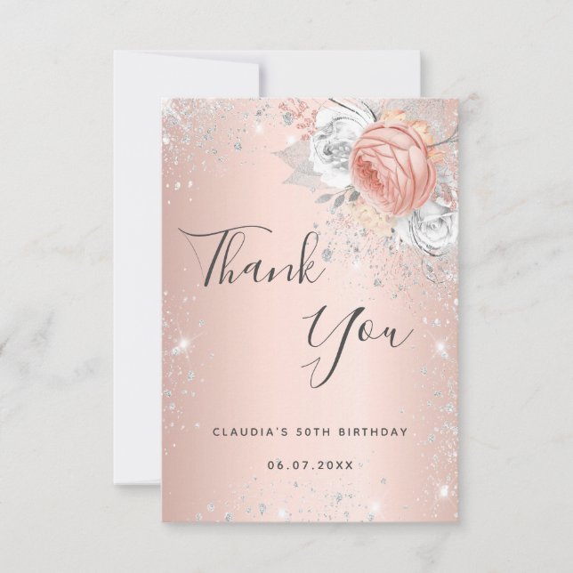 Birthday rose gold silver glitter dust florals thank you card (Front)