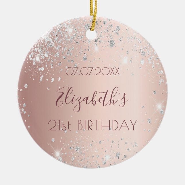 Birthday rose gold silver glitter dust name ceramic ornament (Front)