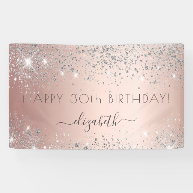 Birthday rose gold silver glitter name banner (Horizontal)
