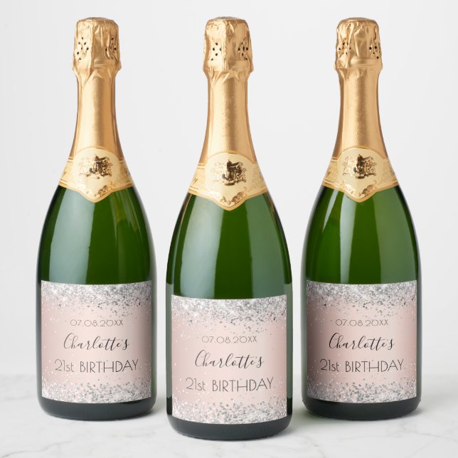 Birthday rose gold silver glitter name elegant sparkling wine label (Bottles)