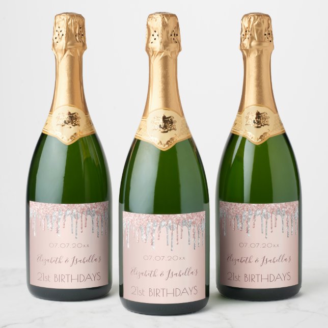 Birthday rose gold silver glitter two 2 persons sparkling wine label (Bottles)