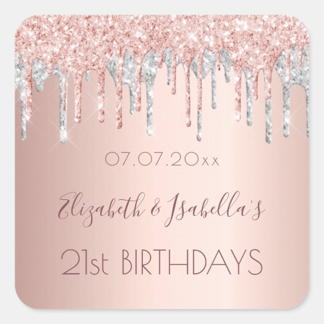 Birthday rose gold silver glitter two 2 persons square sticker (Front)