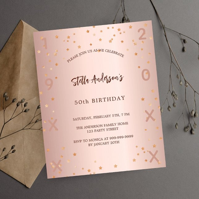 Birthday rose gold stars elegant budget invitation (Creator Uploaded)