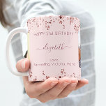 Birthday rose gold stars photo friends names coffee mug<br><div class="desc">A gift from friends for a woman's 21st (or any age) birthday. Personalize and 2 of your own photos, her name, age 21 and your names. Dark rose text. A chic feminine rose gold, pink background color. Her name is written with a modern hand lettered style script with swashes. Decorated...</div>