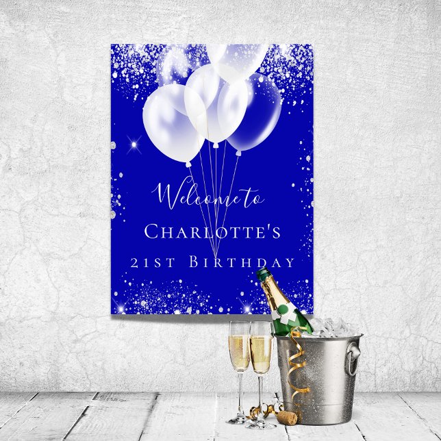 Birthday roya blue silver glitter balloons welcome poster (Creator Uploaded)