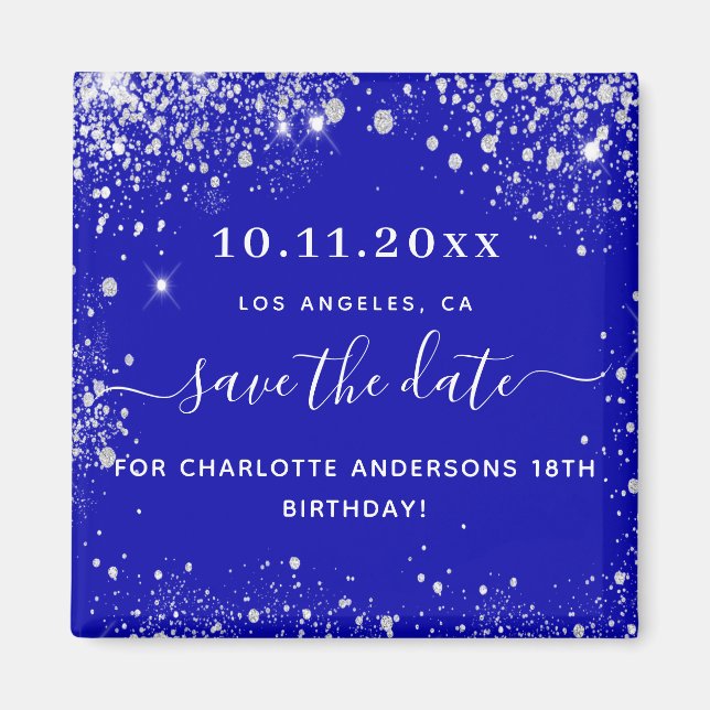 Birthday royal blue glitter save the date magnet (Front)