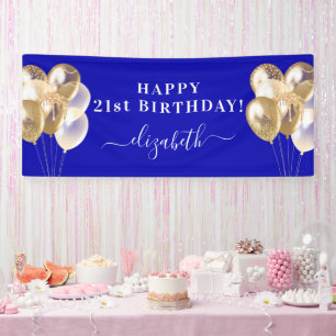 Birthday royal blue gold balloons name script banner