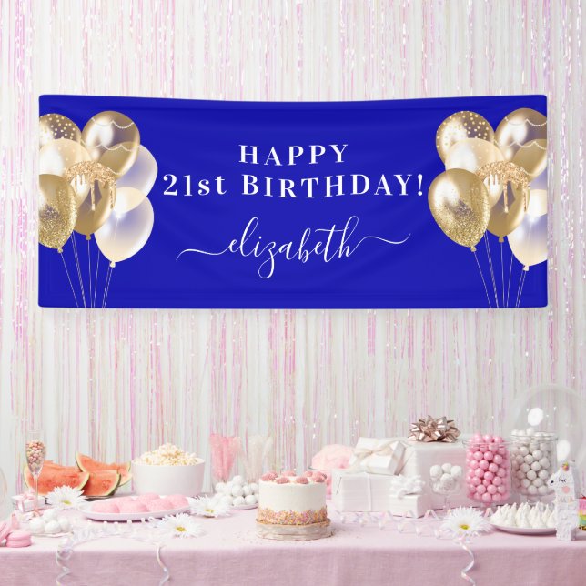 Birthday royal blue gold balloons name script banner (Party)