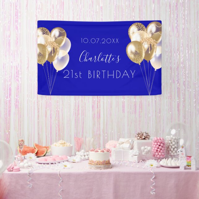 Birthday royal blue gold balloons party banner (Party)