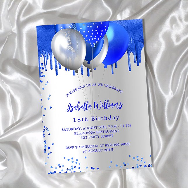 Birthday royal blue silver balloons invitation postcard (Creator Uploaded)