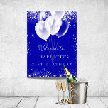 Birthday royal blue silver balloons welcome poster<br><div class="desc">A welcome poster for a girly and glamorous 21st (or any age) birthday party.  A royal blue background with elegant faux silver dust and white balloons. Personalize and add a name and age 21.  White letters. 
Back: no design</div>