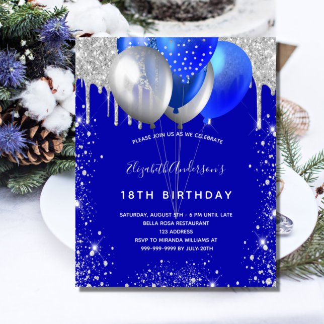 Birthday royal blue silver budget invitation flyer (Creator Uploaded)