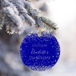 Birthday royal blue silver glitter friends ceramic ornament<br><div class="desc">An ornament for a girly and glamourous 21st (or any age)  birthday . A royal blue background with faux silver glitter,  sparkles.  On the front: Personalize and add a date,  a name and age.
Back:  Happy birthday and names from friends.</div>