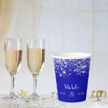 Birthday royal blue silver glitter monogram paper cups<br><div class="desc">For a glamourous and girly for a 21st (or any age) birthday party.  A royal blue background. On the front and the back: Personalize and add a name,  age 21 and a date.   Decorated with faux silver glitter dust. White coloured text.</div>