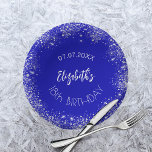 Birthday royal blue silver glitter name paper plate<br><div class="desc">A paper plate for a girly and glamourous 18th (or any age) birthday party.  A chic royal blue background with faux silver glitter,  sparkles. The text: The name is written with a large modern hand lettered style script. Personalize and add a date,  name and age.</div>