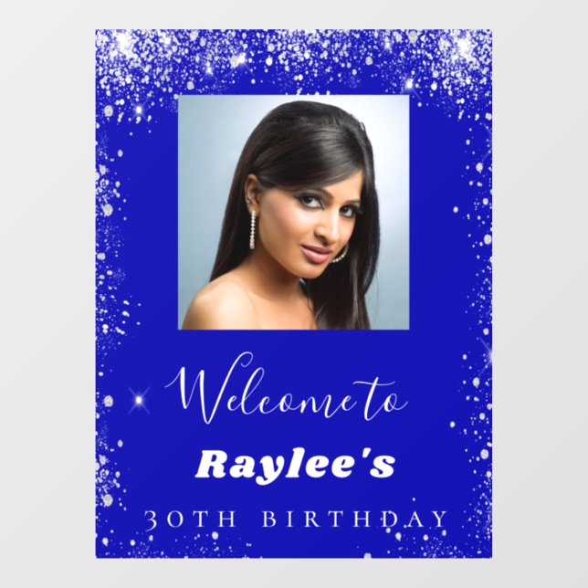 Birthday royal blue silver glitter photo welcome window cling (Sheet)