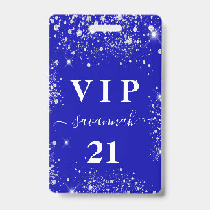 Birthday royal blue silver glitter vip invitation badge