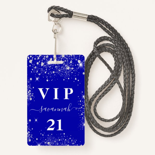 Birthday royal blue silver glitter vip invitation badge (Front with Lanyard)