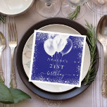 Birthday royal blue silver glitter white balloons napkin<br><div class="desc">A napkin for a girly and glamourous 21st (or any age) birthday party.  A dark royal blue background with elegant faux silver sparkles and white balloons.   Personalize and add a name and age 21.  White letters.</div>