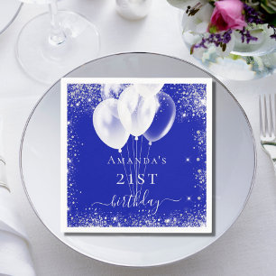 Birthday royal blue silver glitter white balloons napkin
