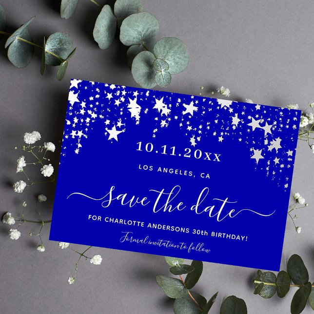 Birthday royal blue stars elegant script save the date (Creator Uploaded)