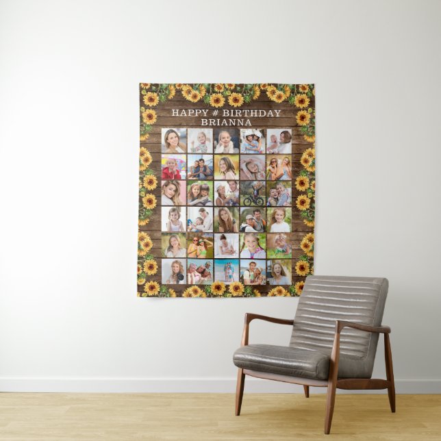 Birthday Rustic Sunflower Wood 30 Photo Collage Tapestry (In Situ)