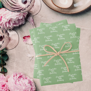 Birthday sage green white name wrapping paper sheet