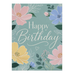 Birthday Sage Green Wildflower Watercolor Poster