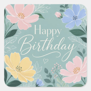 Birthday Sage Green Wildflower Watercolor Square Sticker
