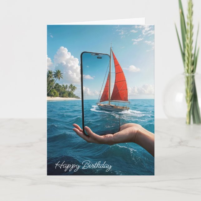 Birthday Sailboat Sailing Into a Smartphone Card (Front)