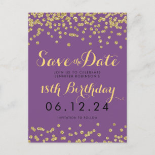 Birthday Save Date Gold Glitter Confetti Purple Announcement Postcard