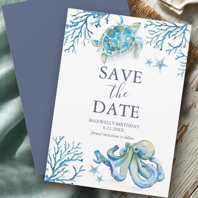 Birthday Save The Date Cards Under the Sea (Under the sea birthday save the date card with hand painted sea life art by Victoria Grigaliunas)