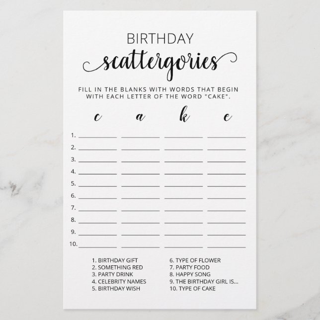 Birthday Scattergories editable game (Front)