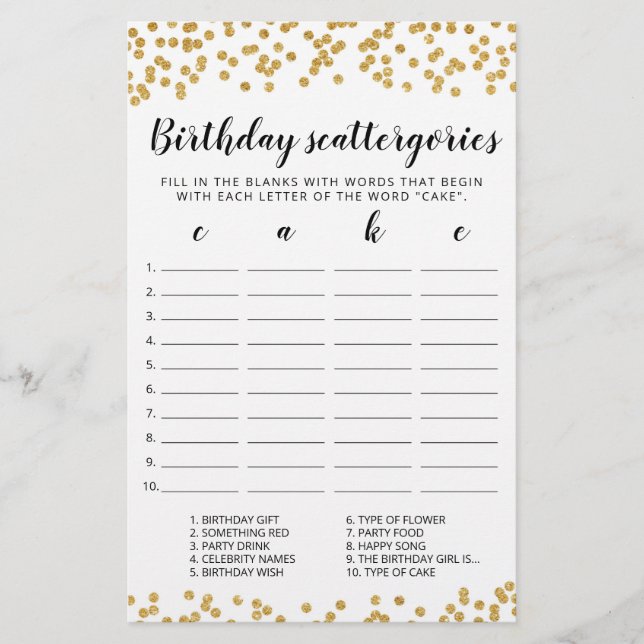 Birthday Scattergories editable game (Front)
