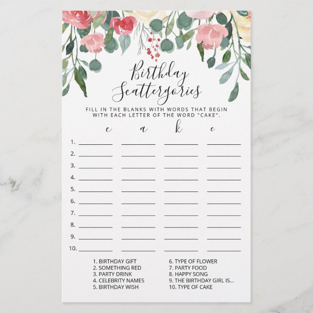 Birthday Scattergories editable game (Front)