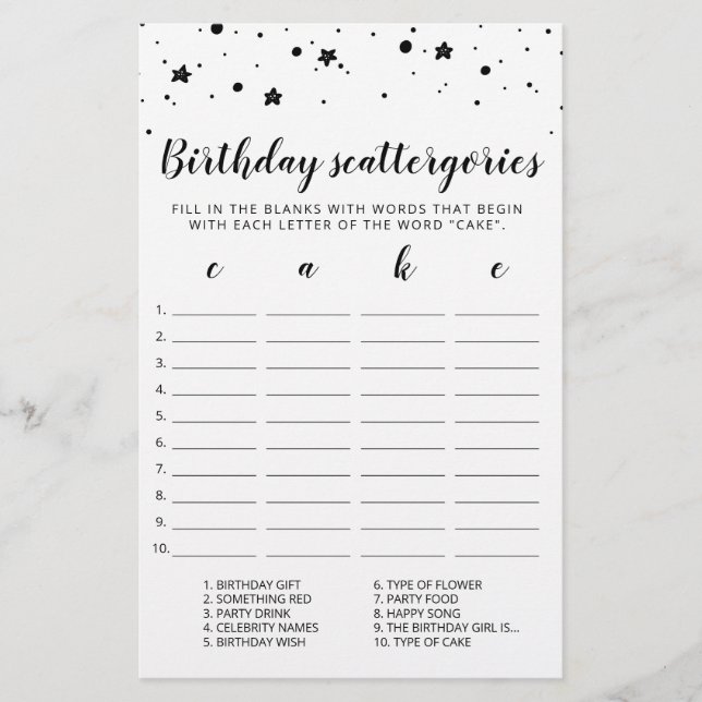Birthday Scattergories editable game (Front)