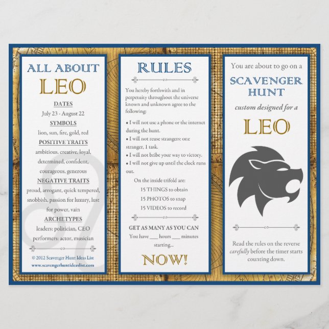 Birthday Scavenger Hunt List: Zodiac Leo Flyer (Front)