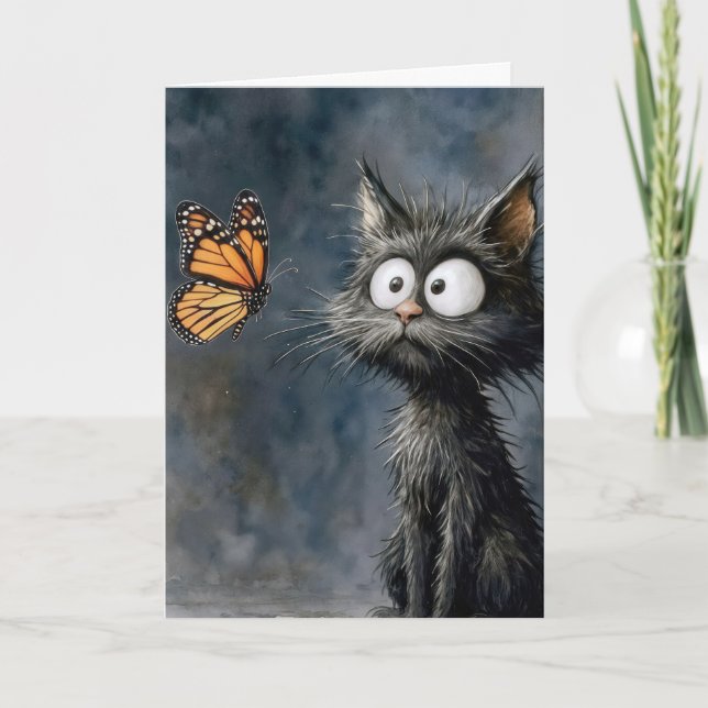 Birthday Scruffy Cat with Butterfly Card (Front)