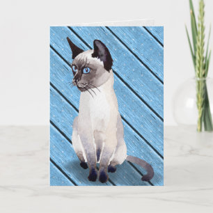 birthday Siamese kitten on blue wood Card