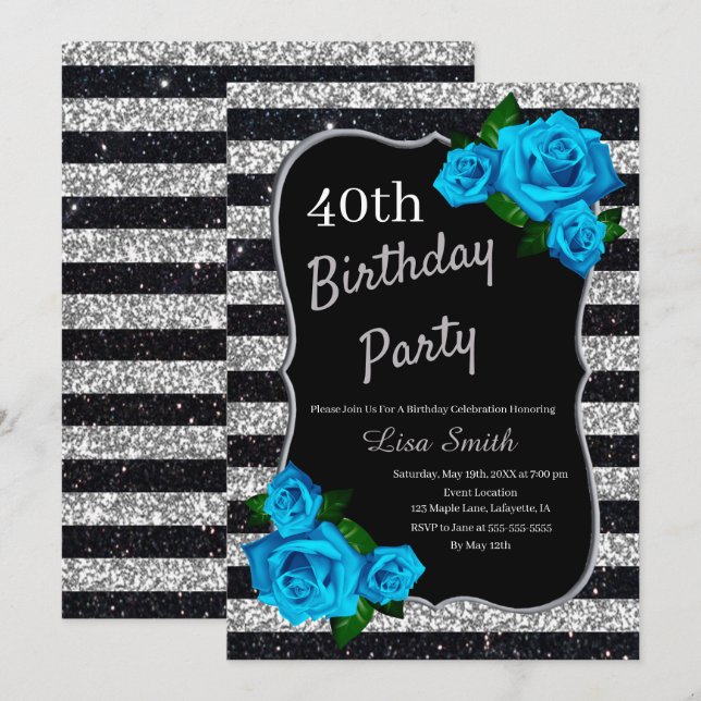 Birthday Silver Black Stripes Glitter Blue Roses Invitation (Front/Back)