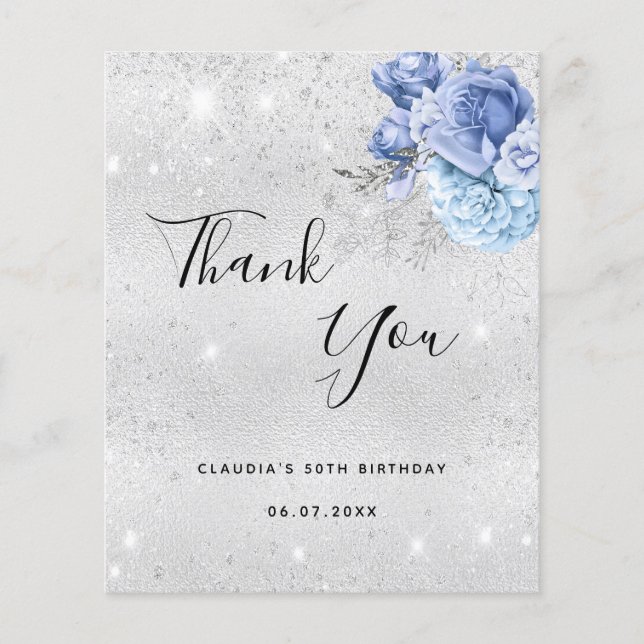 Birthday silver blue florals thank you card (Front)