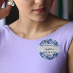 Birthday silver blue flowers 1 inch round button<br><div class="desc">A faux silver looking background decorated with faux glitter,  sparkles and blue flowers.  Personalize and your name and the party date.</div>