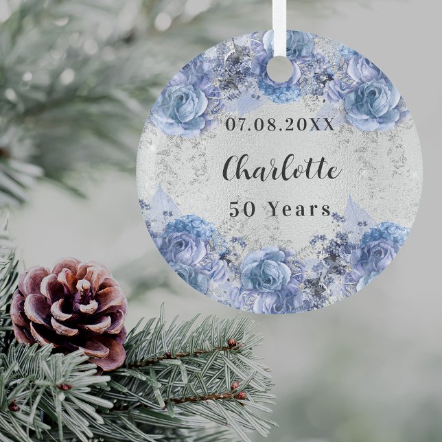 Birthday silver blue flowers glass ornament (For both birthday party table decor and for decorating the Christmas tree as a keepsake)